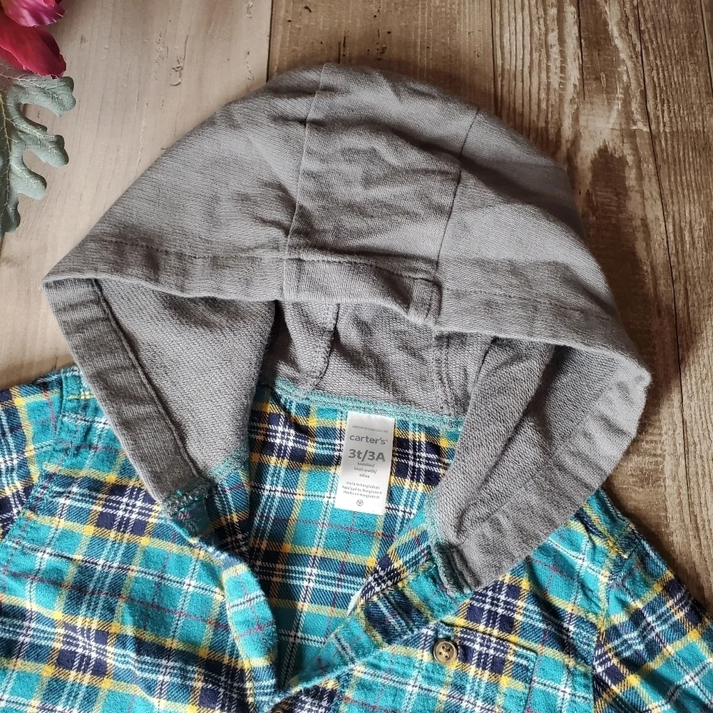 Carter's Toddler Boy Hooded Button Down Cotton Flannel Shirt Top Size 3T EUC